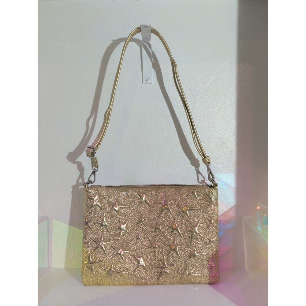 Prüne Gold Star Embossed Clutch Crossbody Bag Wristlet Detachable Strap
